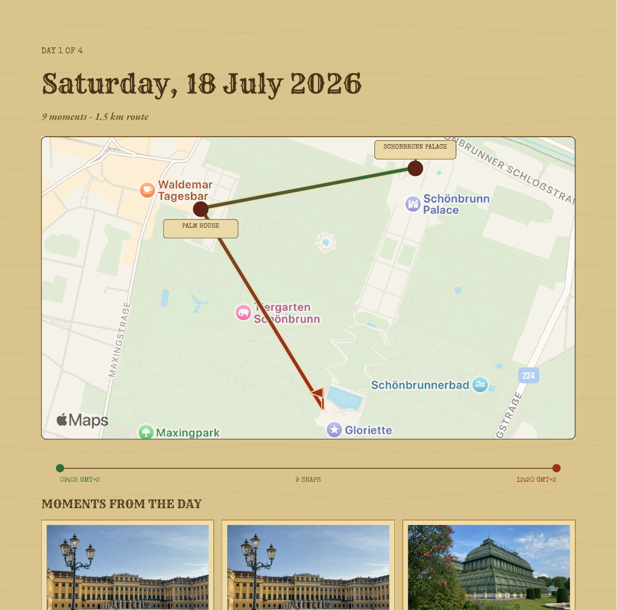 A page from an exported SnapperMapper trip journal: a day chapter with its photo grid and route map